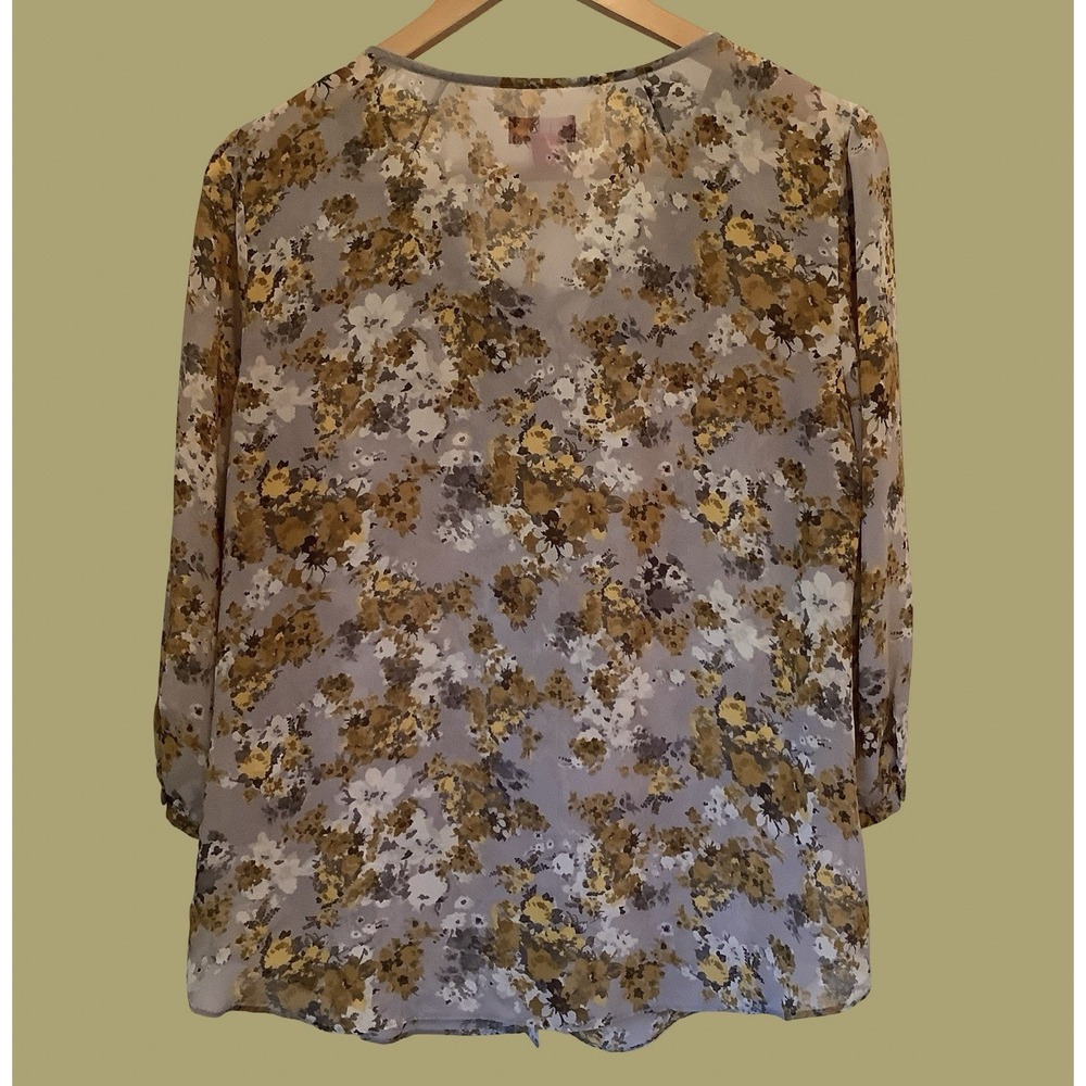 Elle Sheer Gray Floral Ruffle Top Puff Sleeve Romantic Blouse Feminine M - Picture 3 of 4